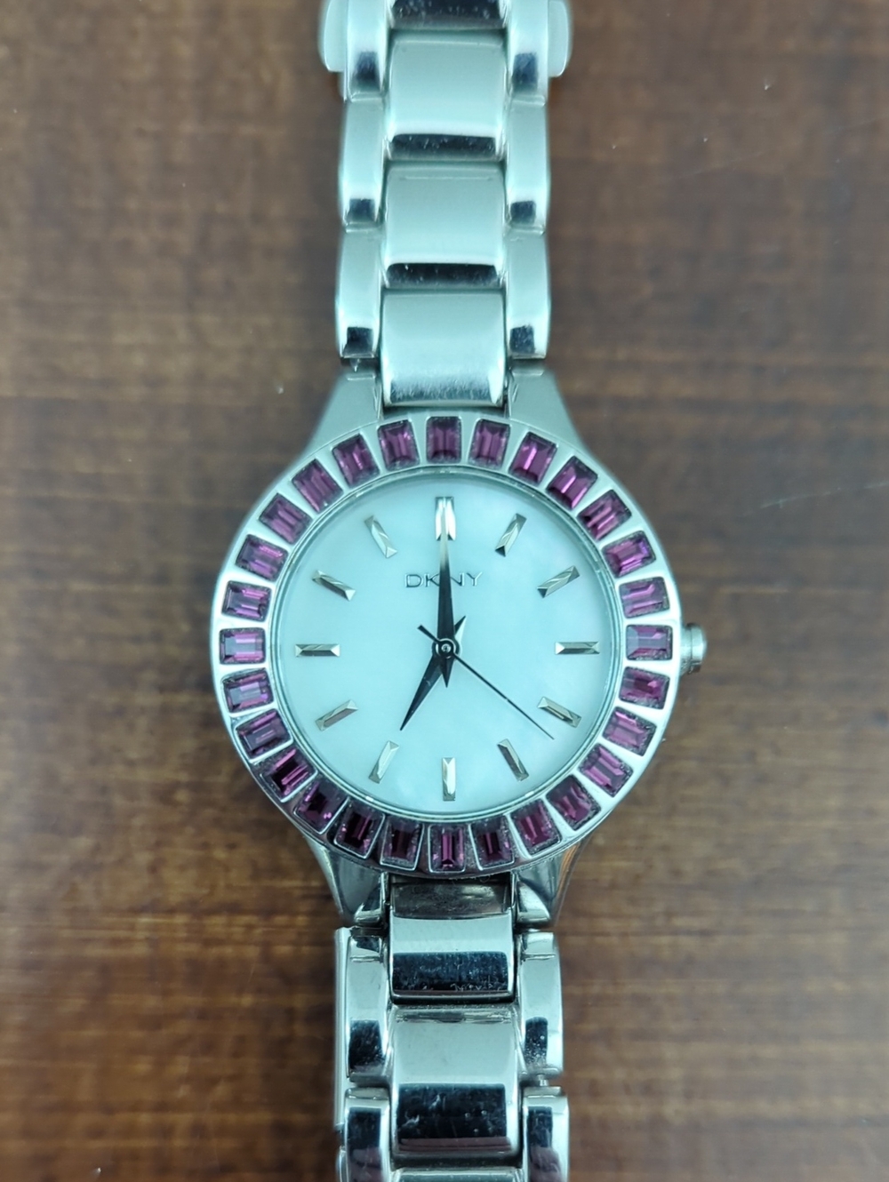 DKNY Silver Bracelet Watch with Purple Crystal Bezel